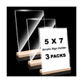 Daletu Acrylic Sign Holder 5x7 with Wood Base | 3 Packs Acrylic Tabletop Display Stand, 2 in 1 Vertical or Slant Clear Plastic Sign Frame Holder for Flyer, Menu, Retail, Buffet, Vendor, Wedding, Party