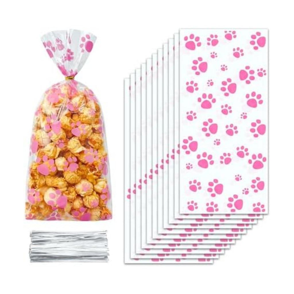 ZYLOP 100 Pcs Pink Dog Treat Bags - 5 x 11 Inch Clear Cellophane Dog Gift Bags with 110 Silver Twist Ties, Paw Print Bags for Pet Treats, Cat Treats, Candy, Cookies & Party Favors