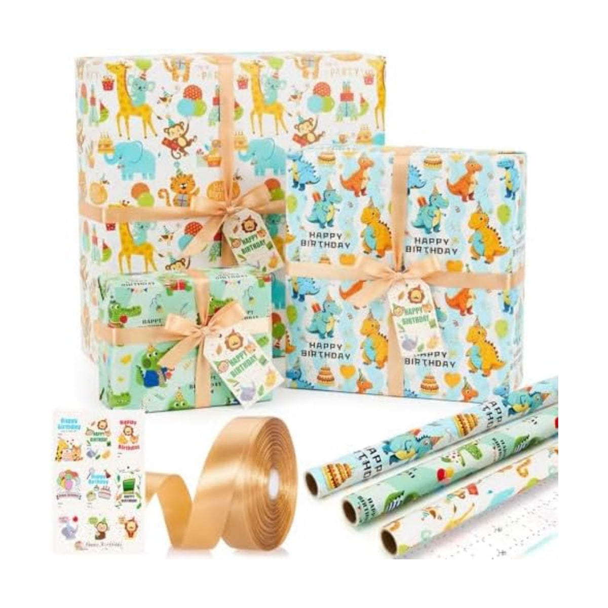 Bafeil Dinosaur Wrapping Paper Birthday Boy, 3 Rolls Cute Dino