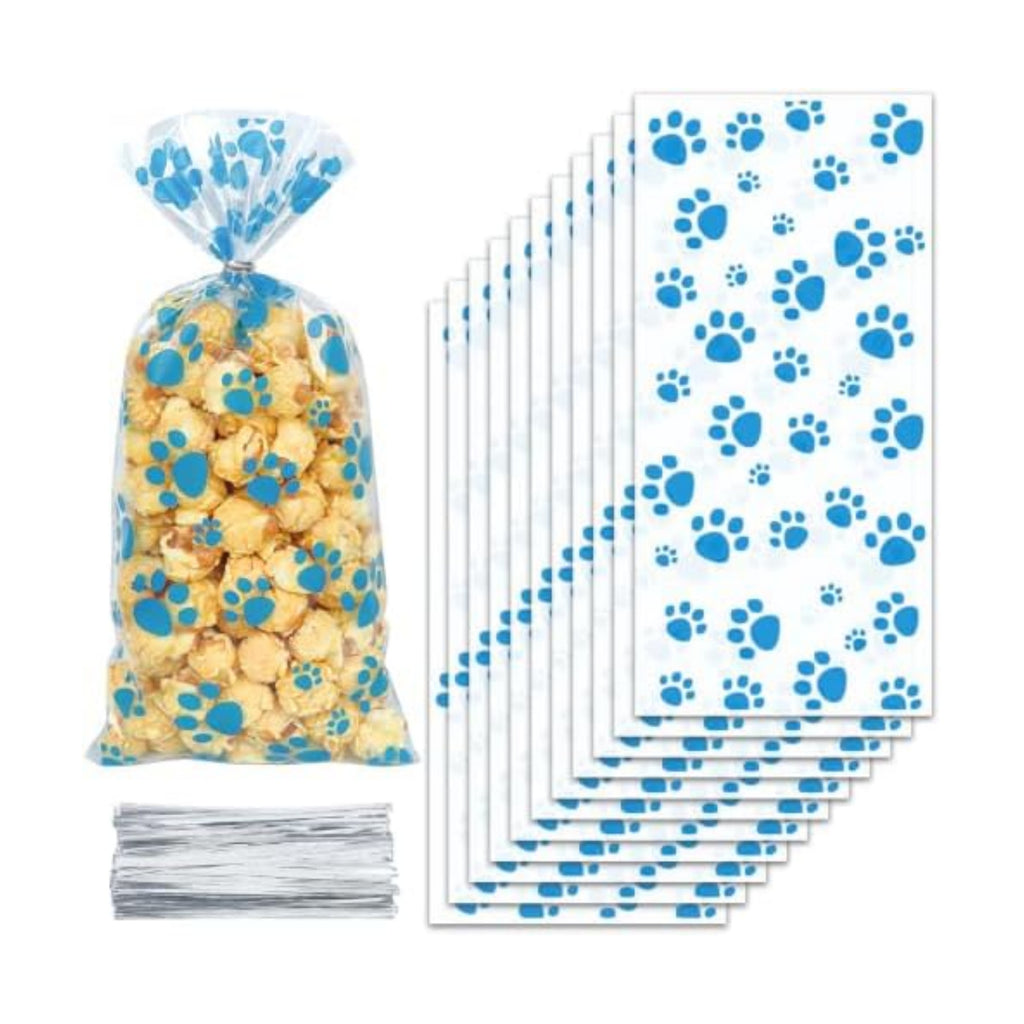 ZYLOP 50 Pcs Blue Dog Treat Bags - 5 x 11 Inch Clear Cellophane Dog Gift Bags with 60 Silver Twist Ties, Paw Print Bags for Pet Treats, Cat Treats, Candy, Cookies & Party Favors