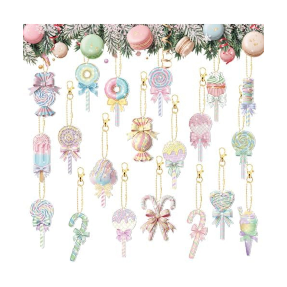 Tondiamo 20 Pcs Christmas Macaron Candy Diamond Painting Keychain Kits 5d DIY Diamond Art Pendants Double Sided Hanging Key Chains for Christmas Party Decoration DIY