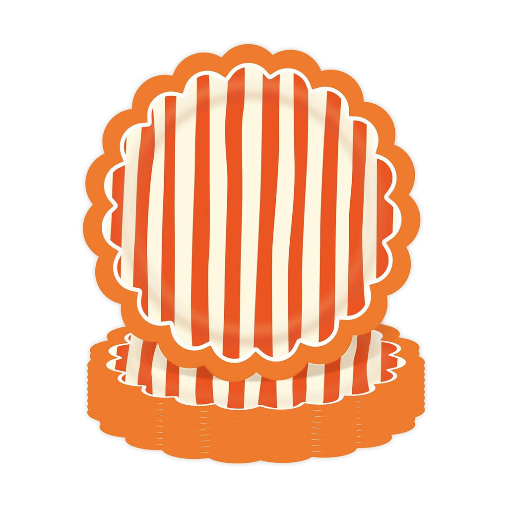 JarThenaAMCS 30Pcs Orange Stripe Paper Plates Fall Scalloped Disposable Plate Striped Dessert Plate for Autumn Thanksgiving Birthday Bridal Baby Shower Wedding Party Table Decor