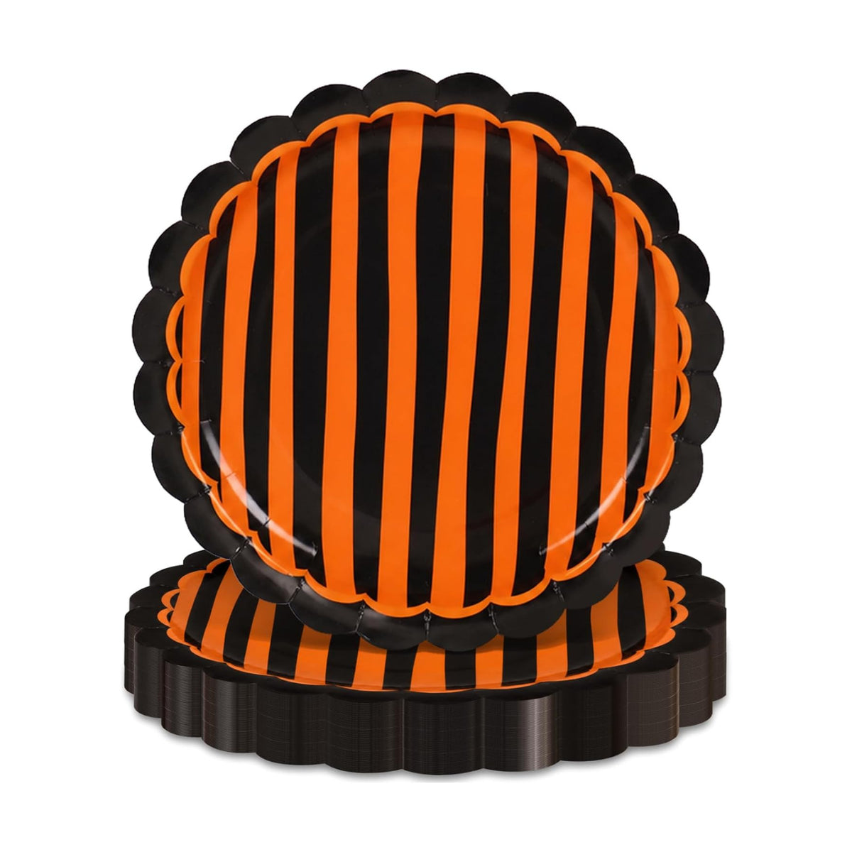 JarThenaAMCS 30Pcs Orange Black Stripe Paper Plates Halloween Scalloped Disposable Plate Striped Dessert Plate for Halloween Birthday Baby Shower Party Table Decor