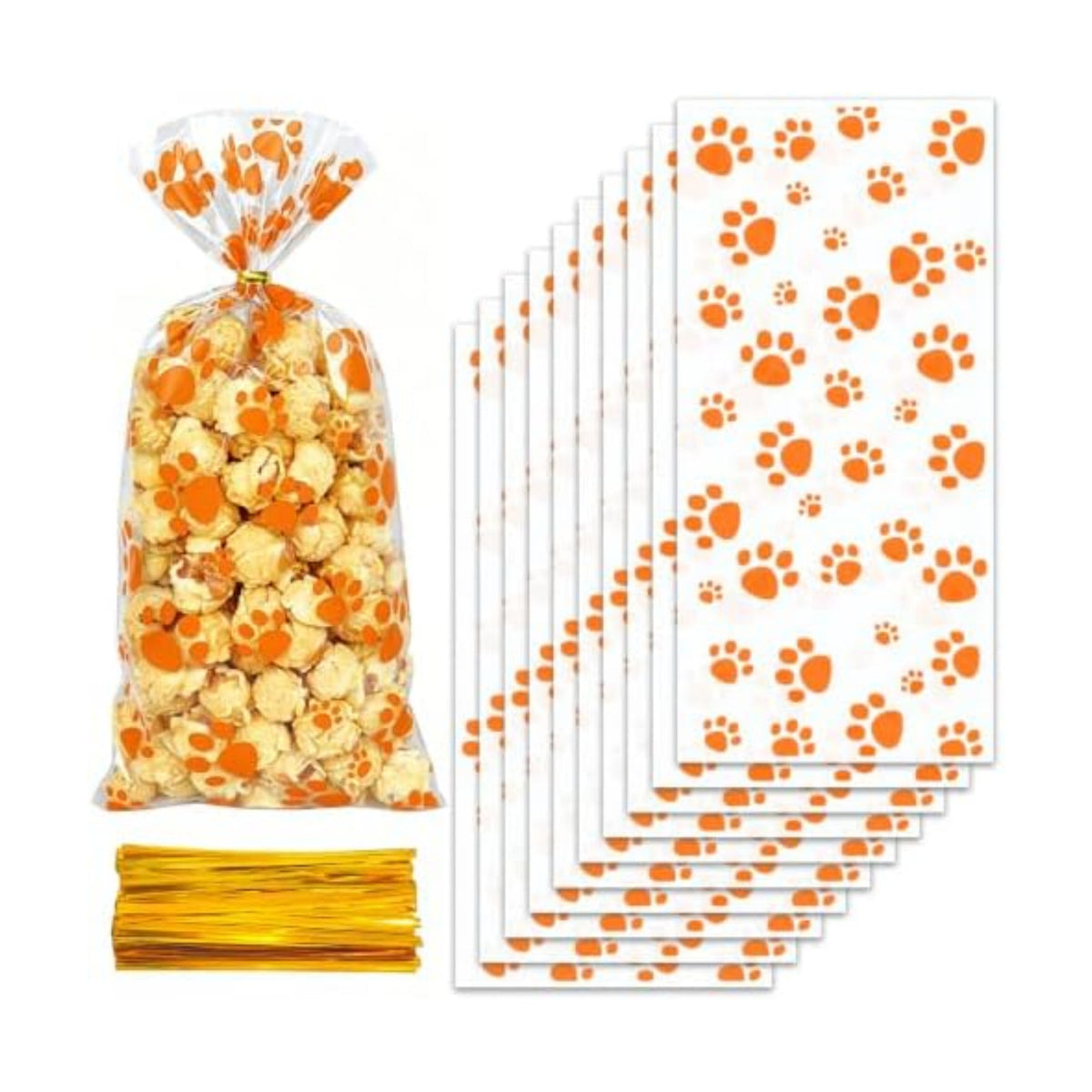 ZYLOP 50Pcs Dog Treat Bags - 5 x 11 Inch Clear Orange Dog Cellophane Treat Bags with 60 Gold Twist Ties for Pet Treats, Cookies & Candy, Paw Print Bags for Fall Parties and Party Favors