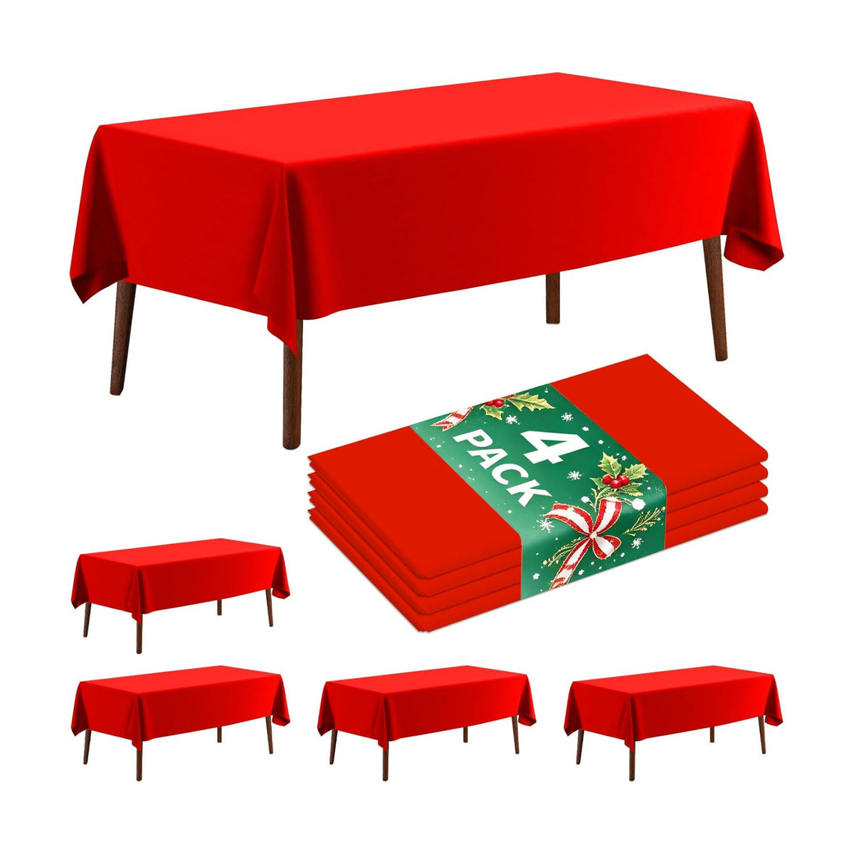 4 Pack Plastic Tablecloth 54" x 108"Disposable Red Tablecloth Rectangle Plastic Table Cover for 6 to 8 Foot Tables Indoor or Outdoor Parties Birthdays Weddings Christmas