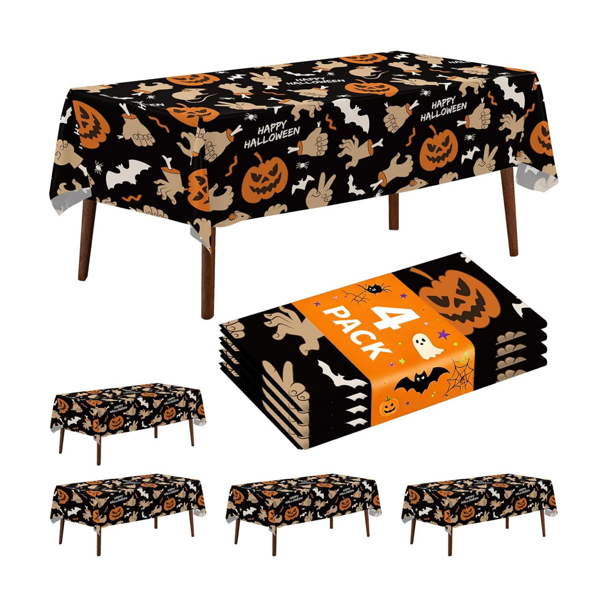 4 Pack Halloween Tablecloth,54" x 108" Pumpkin Hand Rectangular Plastic Table Cloth Large Size Halloween Table Covers for Home Decor Halloween Party Decorations