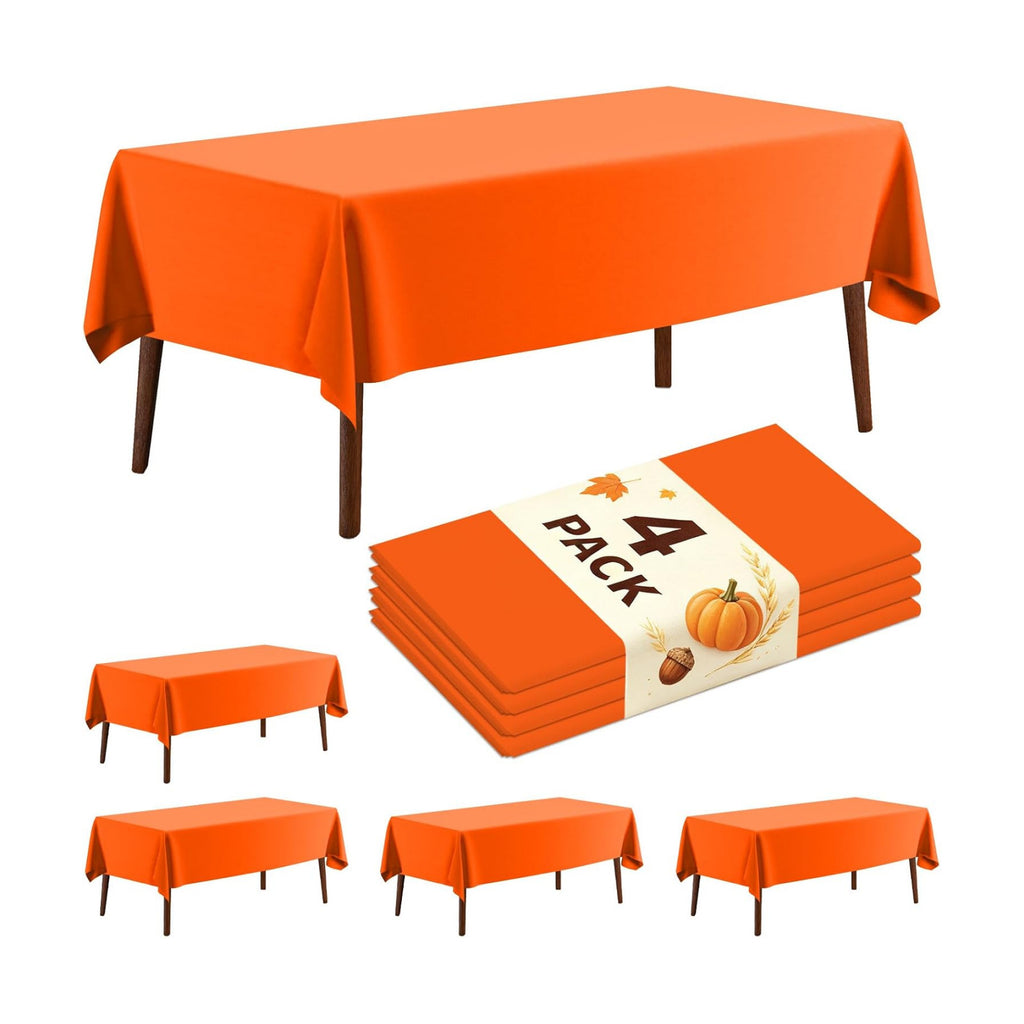 4 Pack Plastic Tablecloth 54" x 108"Disposable Orange Tablecloth Rectangle Plastic Table Cover for 6 to 8 Foot Tables Indoor or Outdoor Parties Birthdays Weddings Christmas