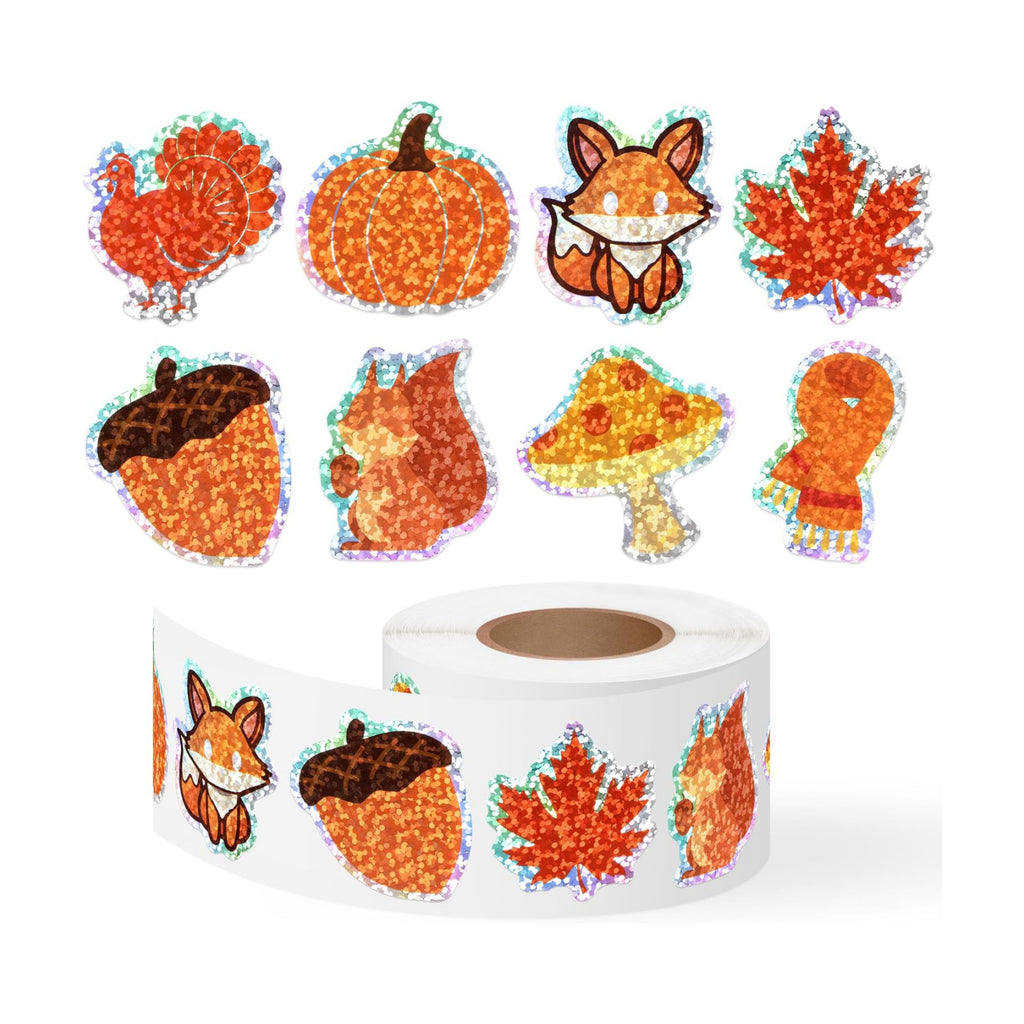 500Pcs Holographic Fall Stickers Roll Thanksgiving Autumn Decals for Kids