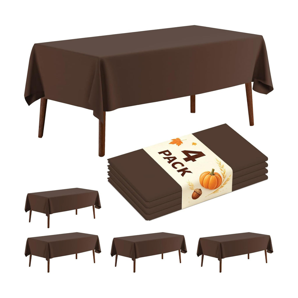 4 Pack Plastic Tablecloth 54" x 108"Disposable Brown Tablecloth Rectangle Plastic Table Cover for 6 to 8 Foot Tables Indoor or Outdoor Parties Birthdays Weddings Christmas