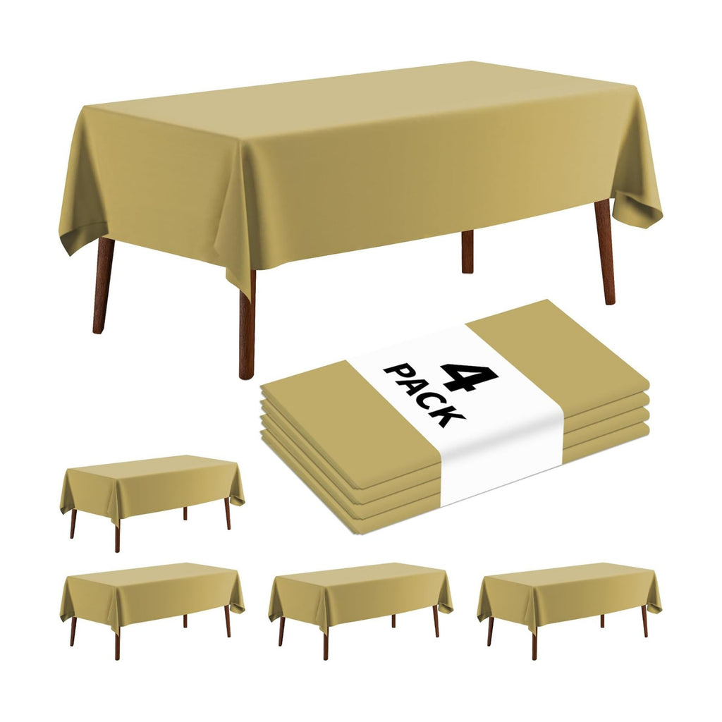 4 Pack Plastic Tablecloth 54" x 108"Disposable Gold Tablecloth Rectangle Plastic Table Cover for 6 to 8 Foot Tables Indoor or Outdoor Parties Birthdays Weddings Christmas