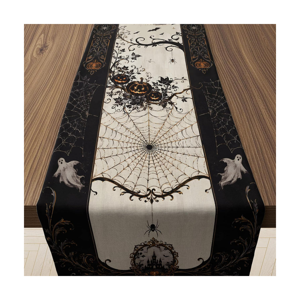 Halloween Decorations - Gothic Pumpkin Ghost Spider Web Table Runner