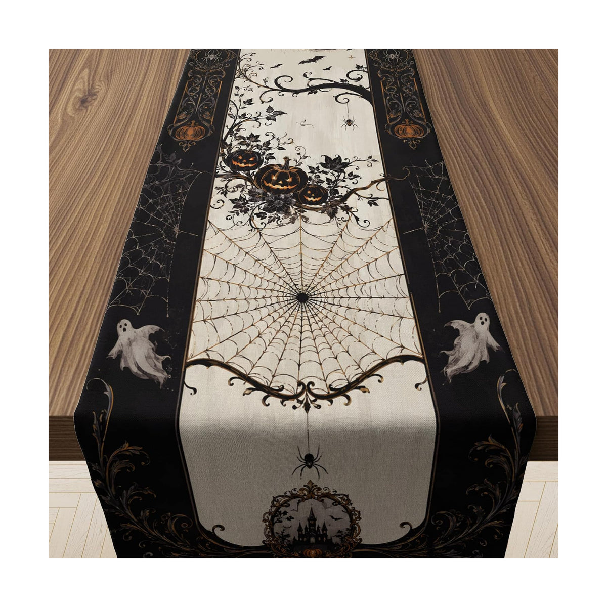 Halloween Decorations - Gothic Pumpkin Ghost Spider Web Table Runner