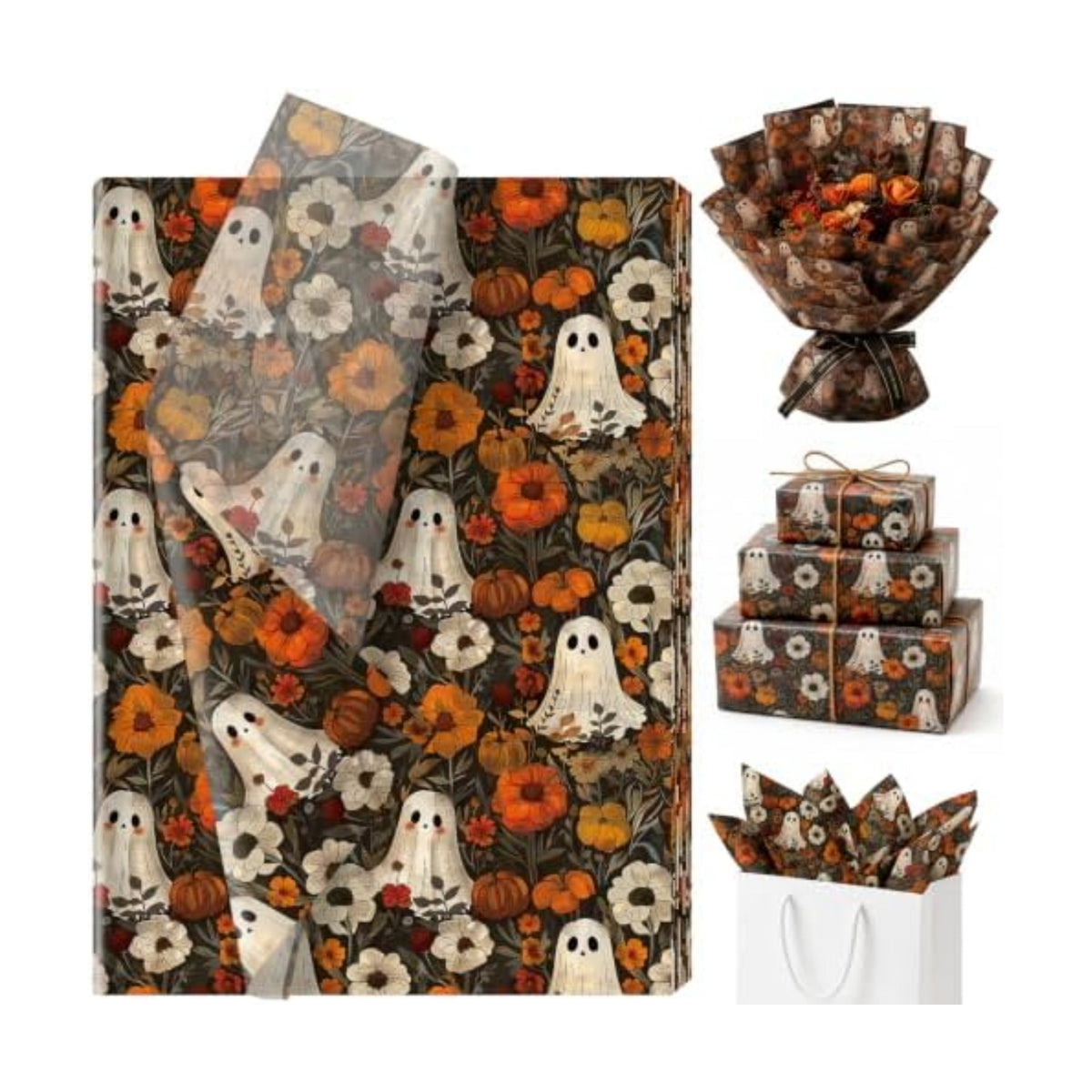 60 Sheets Boho Ghost Floral Tissue Paper, 13.8 x 19.7'' Boho Ghost Floral Pumpkin Patterns Gift Wrapping Paper for Halloween DIY Craft Autumn Party Supplies
