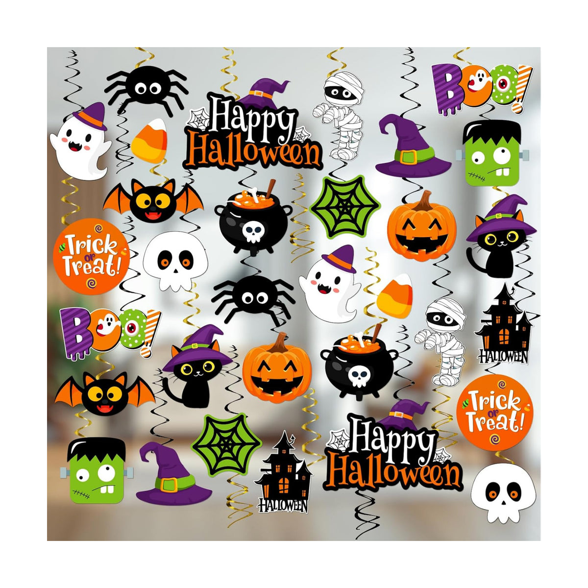 Halloween Hanging Decorations,Halloween Ghost Streamers,Cute Spooky Ghost Pumpkin Witch Hats Ceiling Hanging Swirls, Halloween Decorations Indoor for Office Classroom
