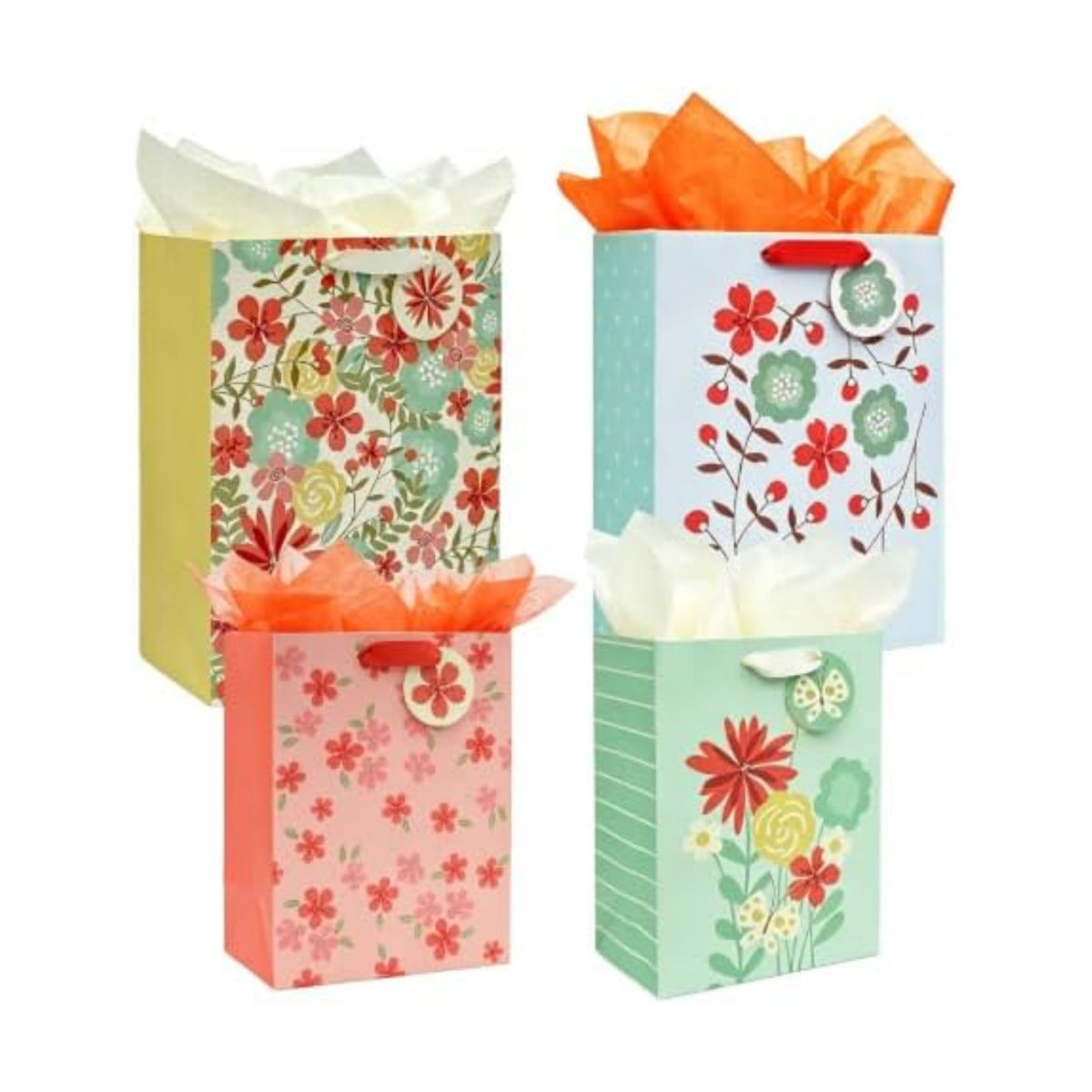 Jotique 4 Pcs Floral Gift Bags Assorted Sizes with Tissue for All Occasions