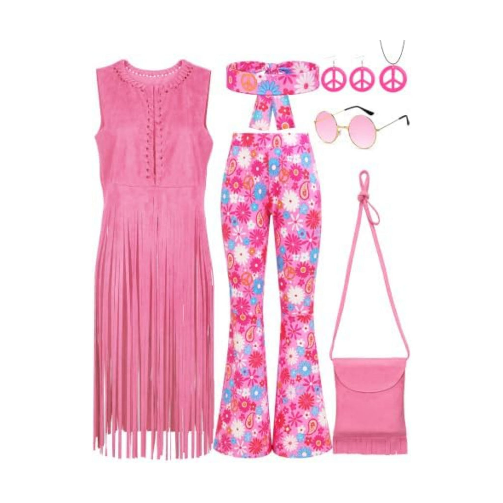 SOMSOC 7 Pieces 60s 70s Women Hippie Costume Fringe Vest Bag Pant Headband for Disco