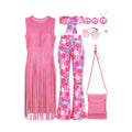 SOMSOC 7 Pieces 60s 70s Women Hippie Costume Fringe Vest Bag Pant Headband for Disco