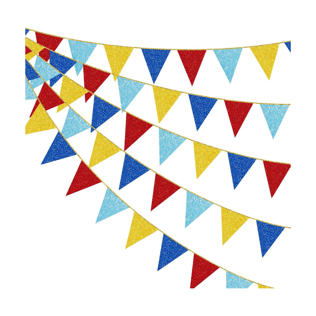 30Ft Carnival Circus Party Decorations Glitter Red Blue Yellow Pennant Banner Flag Triangle Bunting Garland Streamers for Carnival Birthday Circus Clown Graduation Dog Paw Party Decor Supplies