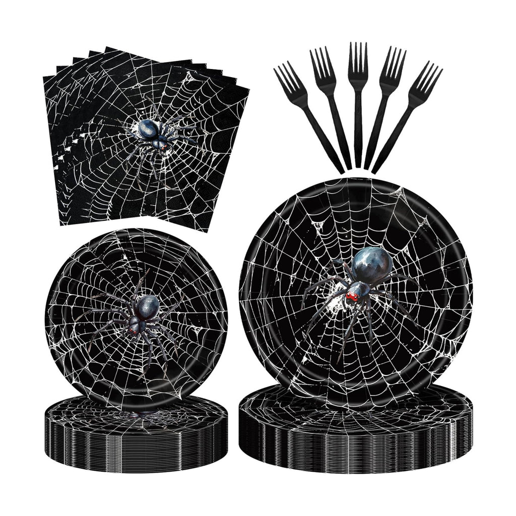 100 Pcs Halloween Spider Web Party Tableware Set – Disposable Spider Plates, Napkins and Forks with Black Spider Web Design for Halloween Party Decorations, Haunted House and Spooky Celebrations