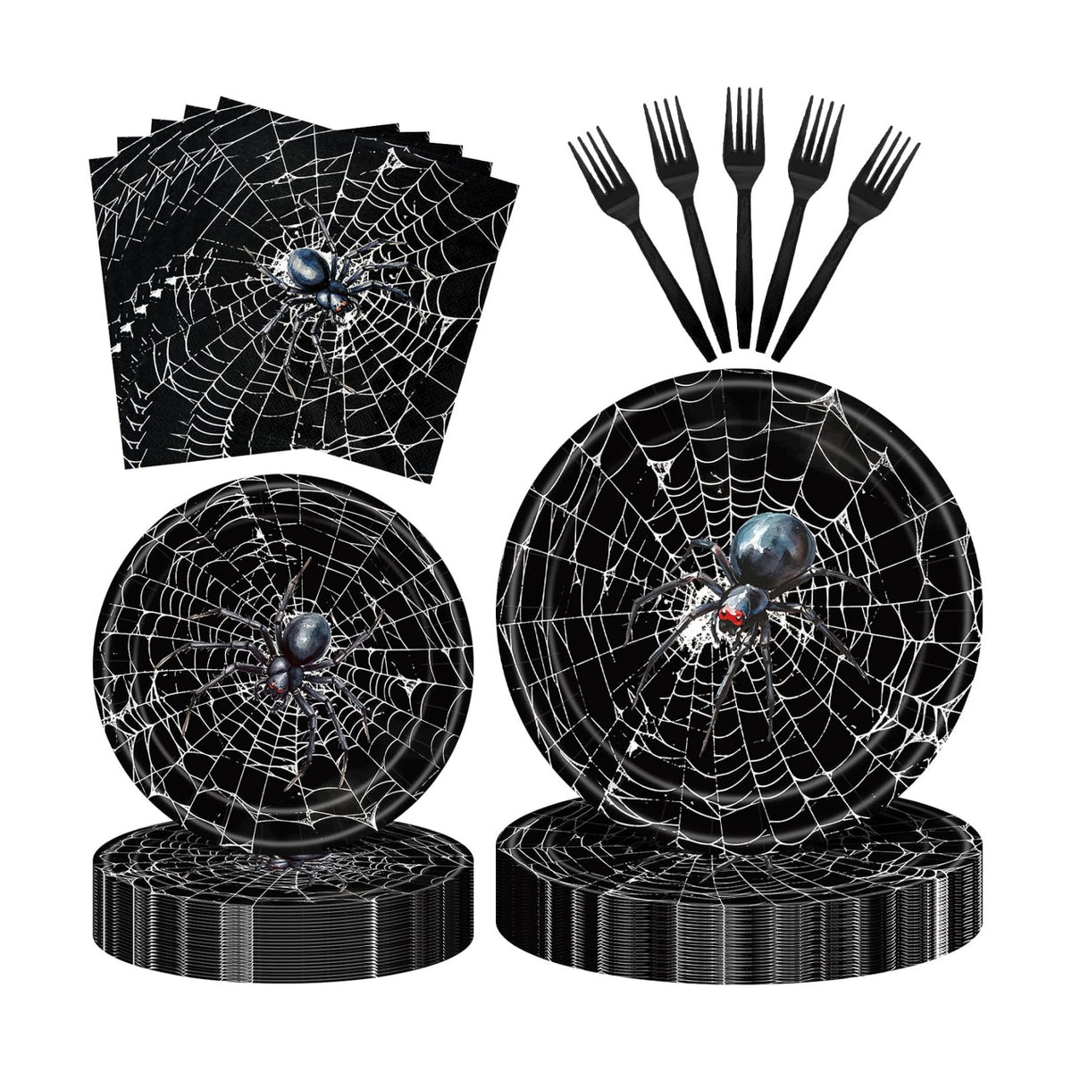 100 Pcs Halloween Spider Web Party Tableware Set – Disposable Spider Plates, Napkins and Forks with Black Spider Web Design for Halloween Party Decorations, Haunted House and Spooky Celebrations