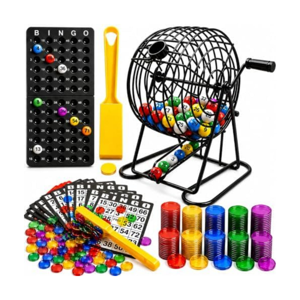 Deluxe Bingo Game Set with Durable Steel Cage and Chips Clean up Wands