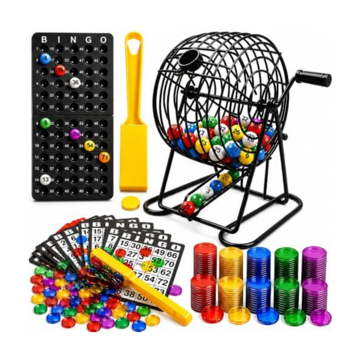 Deluxe Bingo Game Set with Durable Steel Cage and Chips Clean up Wands