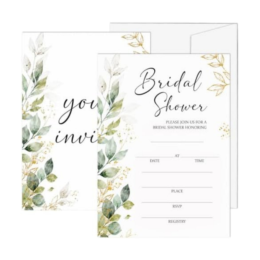 Bridal Shower Invitations, 25 Eucalyptus Leaves Wedding Shower Invites with Envelopes, 5x7 Greenery Bride to Be Engagement Party Supplies - A01