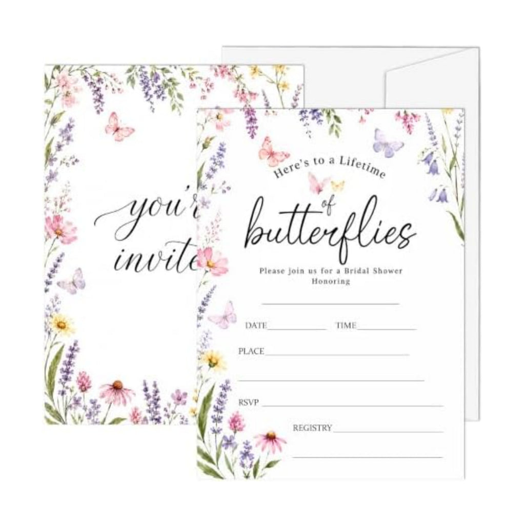 Bridal Shower Invitations, 25 Wildflower Wedding Shower Invites with Envelopes, 5x7 Butterfly Bride to Be Engagement Party Supplies - A06
