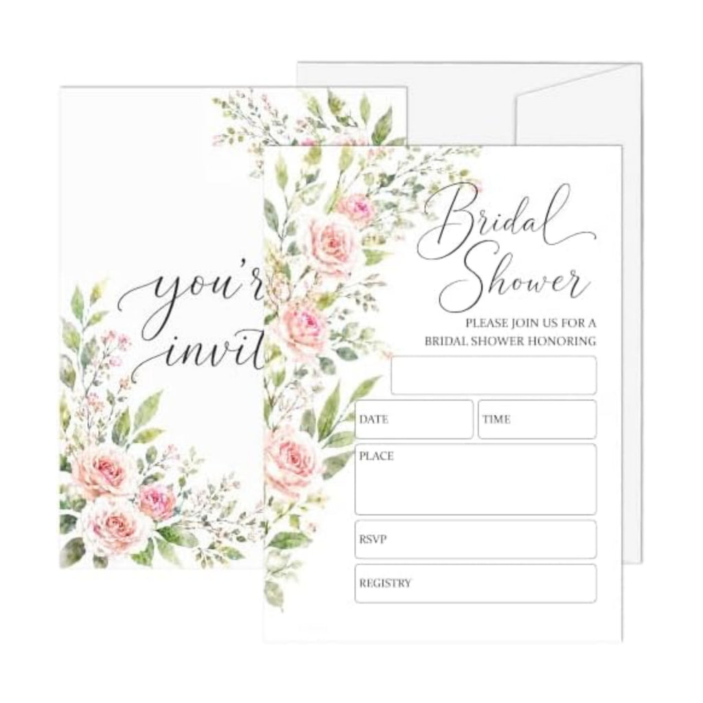 Bridal Shower Invitations, 25 Floral Wedding Shower Invites with Envelopes, 5x7 Blush Pink Rose Bride to Be Engagement Party Supplies - A05