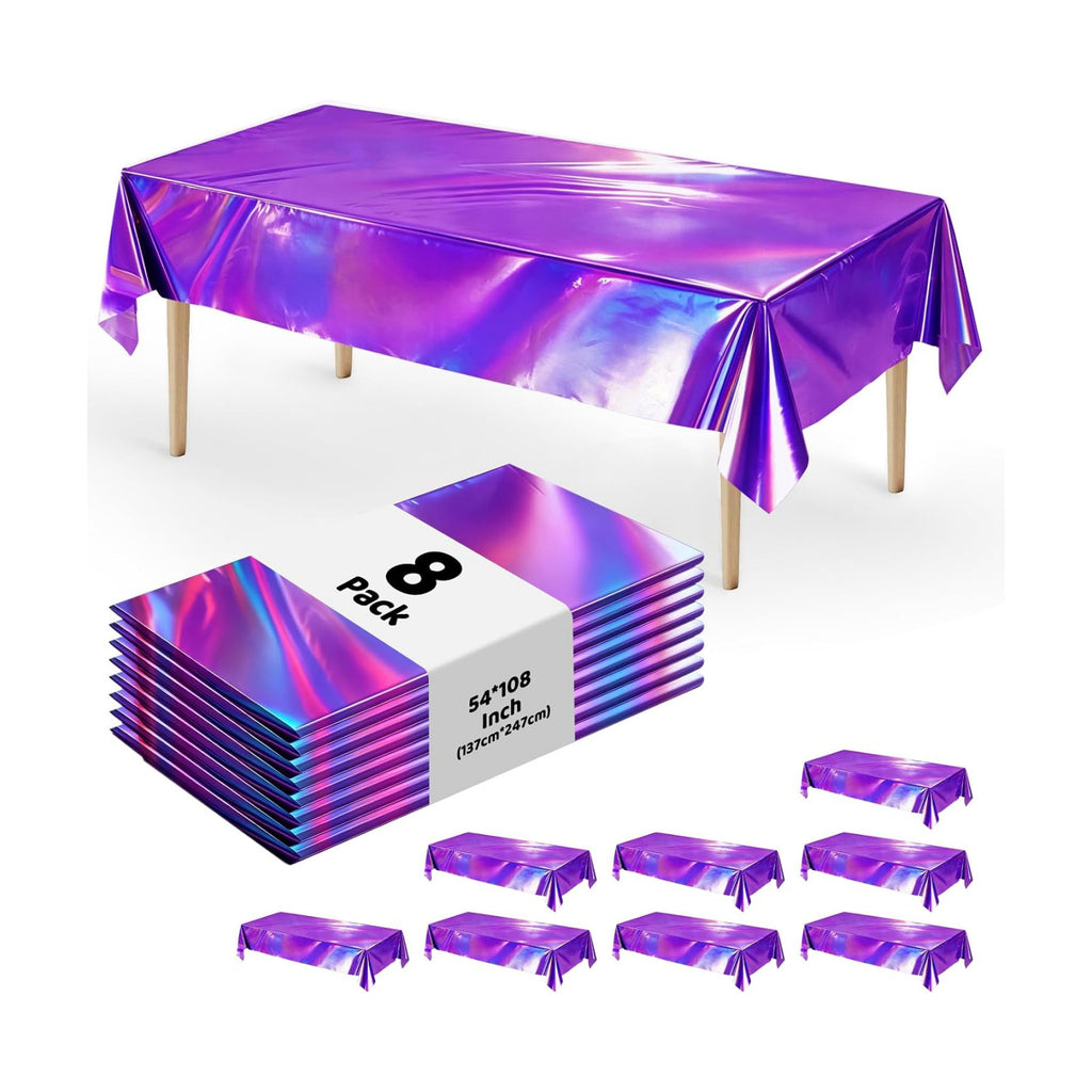 8 Pack Purple Solid Laser Plastic Tablecloth 54" x 108" Disposable Table Cloths for 6 to 8 Foot Tables Rectangle Table Cover for Parties (Purple Solid Laser, Rectangle)