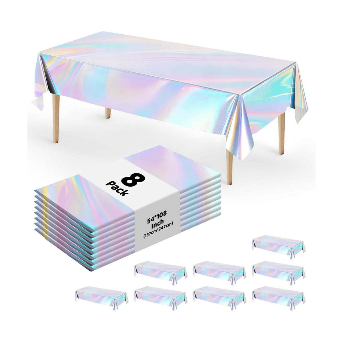 8 Pack Silver Solid Laser Plastic Tablecloth 54" x 108" Disposable Table Cloths for 6 to 8 Foot Tables Rectangle Table Cover for Parties (Silver Solid Laser, Rectangle)