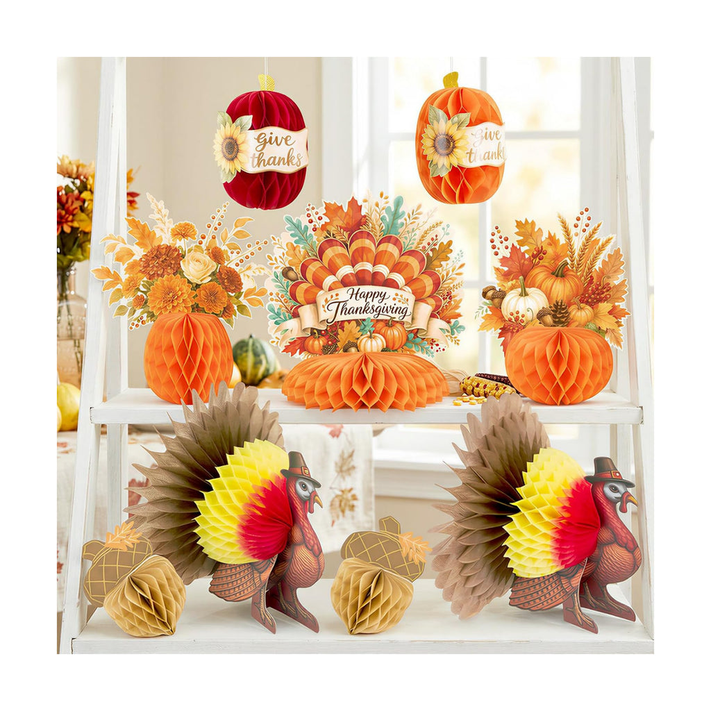 SUNBEAUTY Fall Thanksgiving Decorations, Thanksgiving Table Centerpieces, Honeycomb Turkey Centerpieces Fall Pumpkin Hanging Decor for Autumn Classroom Festival Home Office Table Decor