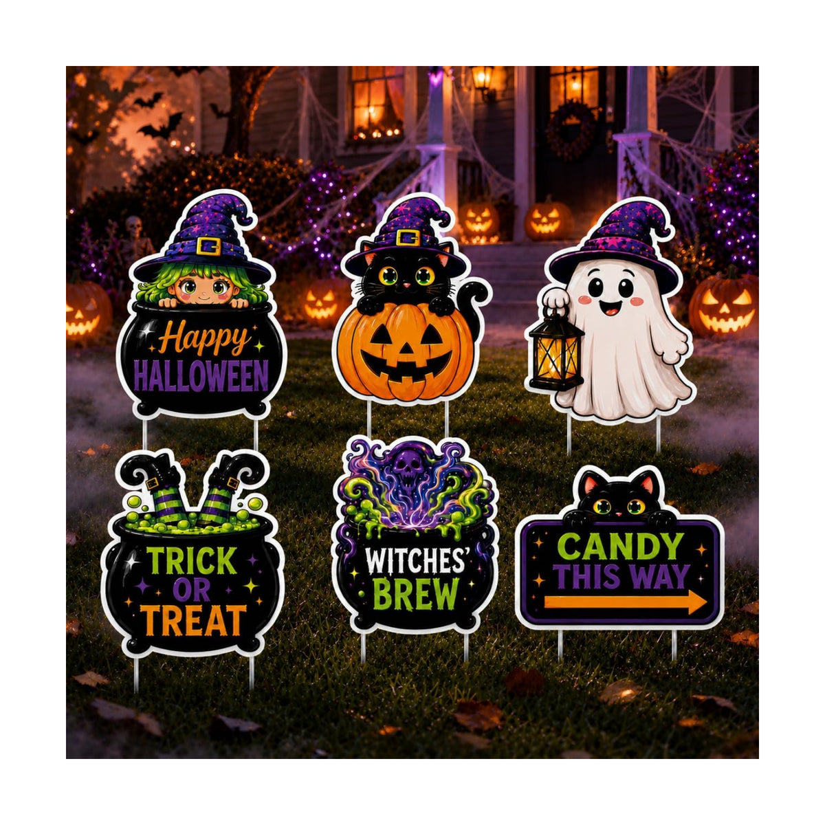6-Pack Halloween Witch&Ghost Lawn Yard Signs with Stakes, Outdoor Decors