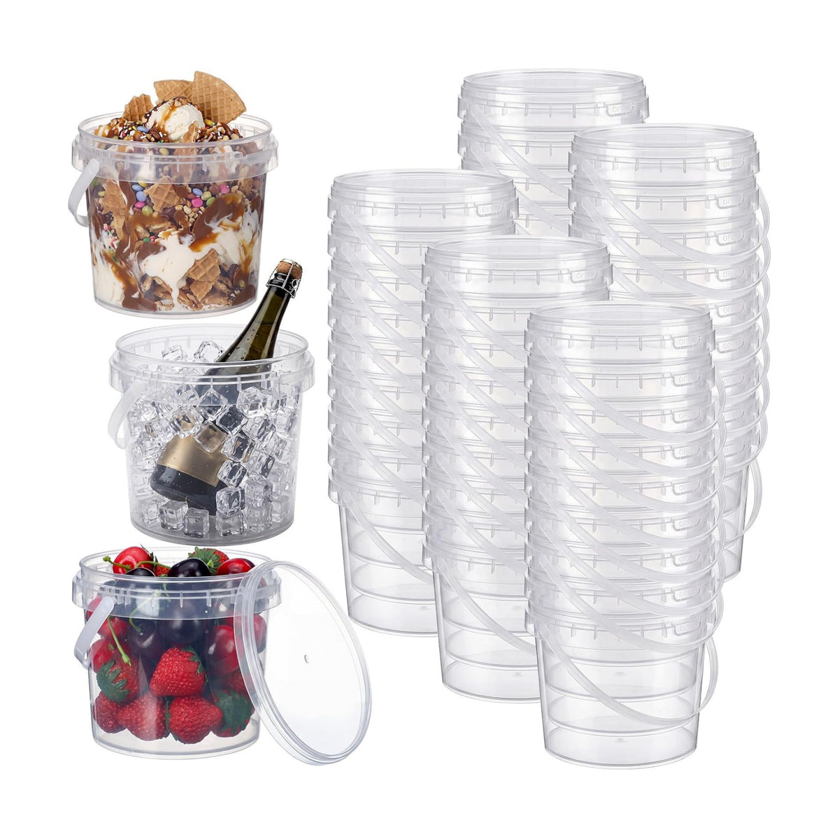 Funnymoom 50 Pack 48 oz Clear Buckets with Lids and Handles