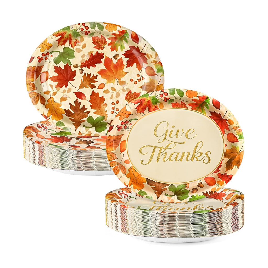 Homlouue 50 PCS Thanksgiving Oval Paper Plates Disposable, Fall Paper Plates, Large 12.5" x 10.5" Maple Leaf Autumn Dinner Plate, Disposable Fall Party Supplies Thanksgiving Autumn Harvest Table Decor