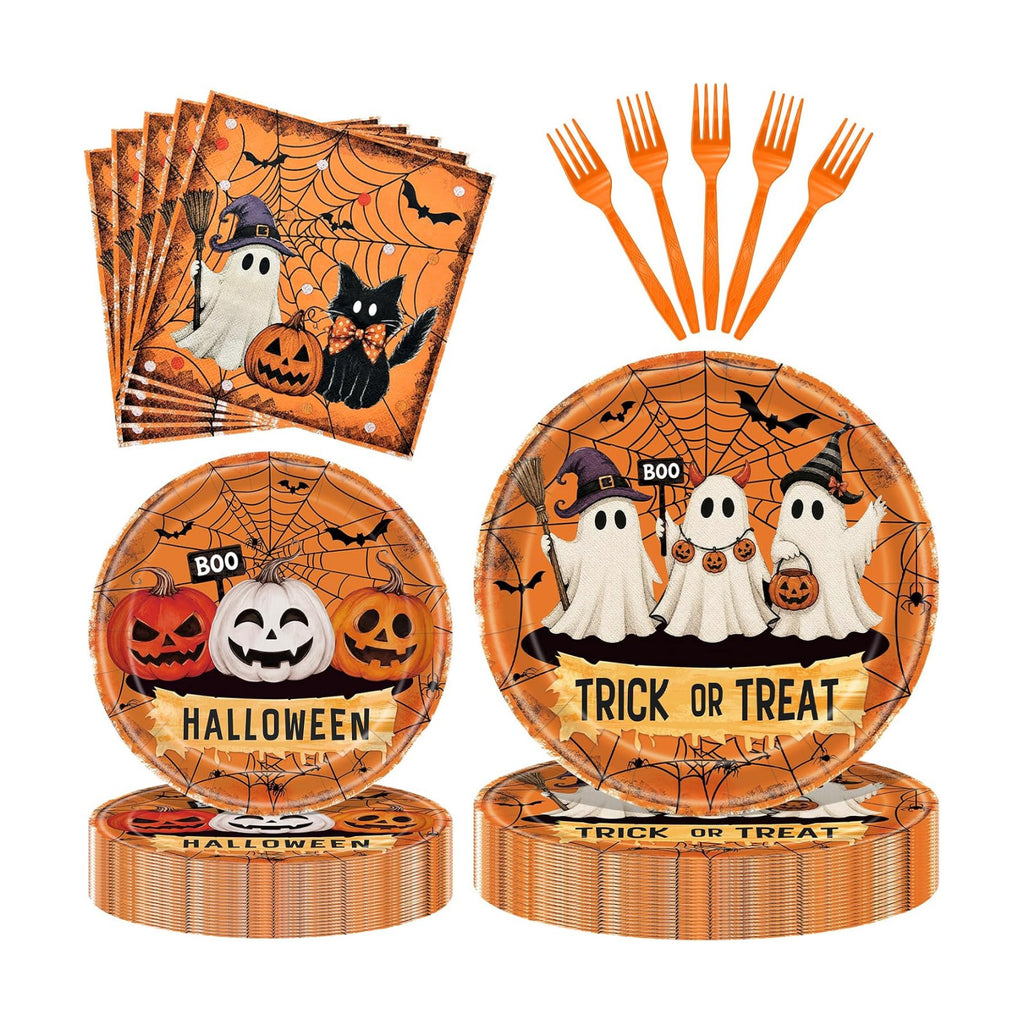 96 Pieces Halloween Ghost Tableware Set – Trick or Treat Disposable Paper Plates and Napkins for Halloween Party Decorations, Ghost Theme Party Supplies, Spooky Celebrations and Trick or Treat Events