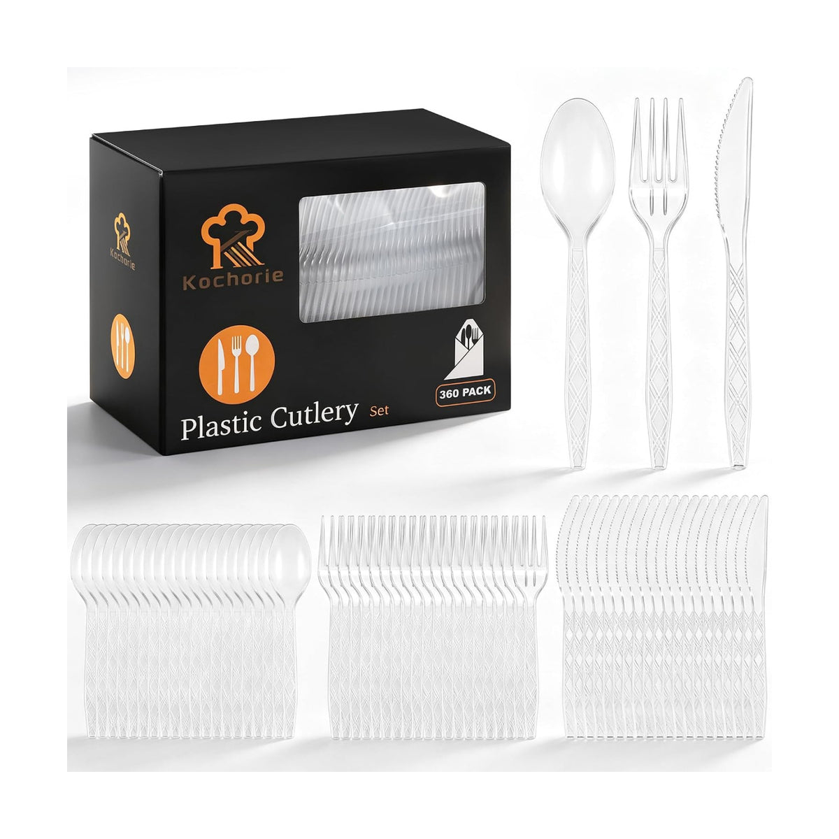 Kochorie 360 Pieces Transparent Plastic Cutlery Set