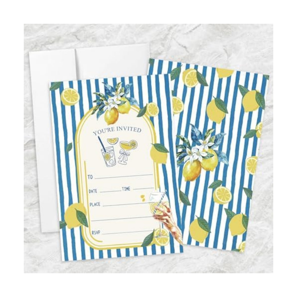 AEHIE 20 Sets Mediterranean Lemon Party Invitations With Envelopes, Summer Lemon Blue and White Striped Party Invitations Invite Cards for Women Ladies Adults