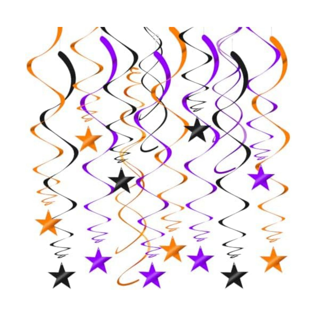 36Pcs Black Orange and Purple Star Swirl Decorations, Plastic Foil Star Swirl Ceiling Hanging Decorations Spiral Streamer Party Supplies for Halloween Fall All Kinds of Parties