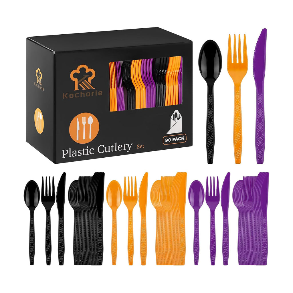Kochorie 90 Pieces Halloween Plastic Cutlery Set, Black Orange Purple