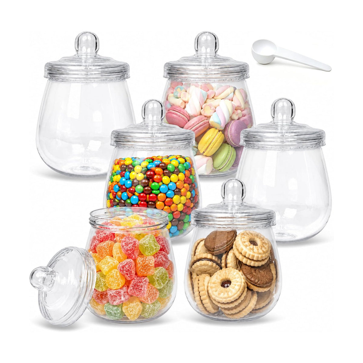 6 Pcs 16 Oz Clear Plastic Candy Jars with Lids & Spoons