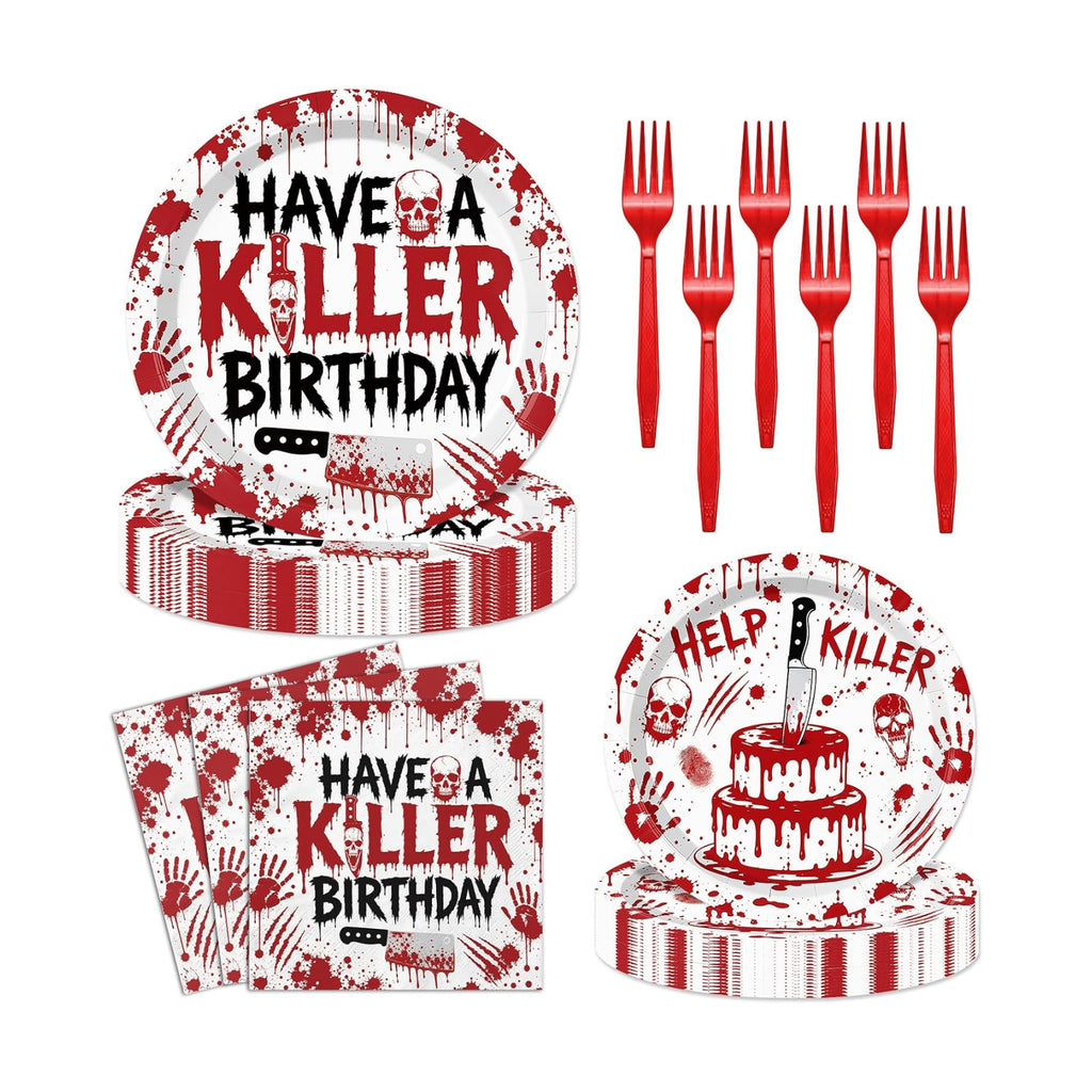 96 Pieces Have a Killer Birthday Plates and Napkins, Bloody Hand Disposable Tableware with Paper Plates Napkins and Forks for Halloween Party Supplies, Horror-Themed Birthday Decorations, Serves 24