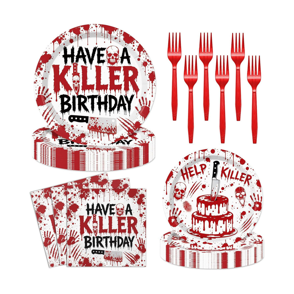 96 Pieces Have a Killer Birthday Plates and Napkins, Bloody Hand Disposable Tableware with Paper Plates Napkins and Forks for Halloween Party Supplies, Horror-Themed Birthday Decorations, Serves 24