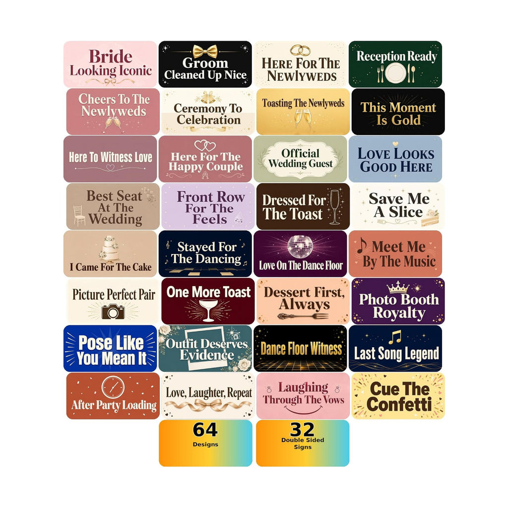 64 Designs Wedding Photo Booth Props, 32 Double-Sided Selfie Signs