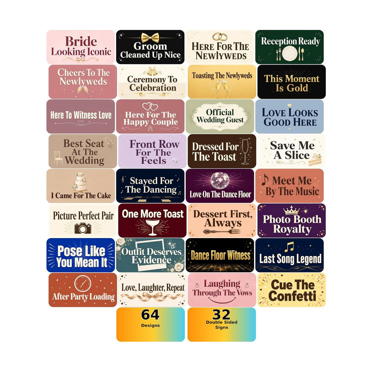 64 Designs Wedding Photo Booth Props, 32 Double-Sided Selfie Signs