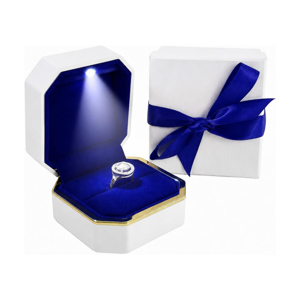 Luxury Velvet Engagement Ring Box with LED Light - Wedding Ring Box for Proposal, Jewelry Gift Box, Ring Case, Travel Engagement Gift for Wedding Day Anniversary