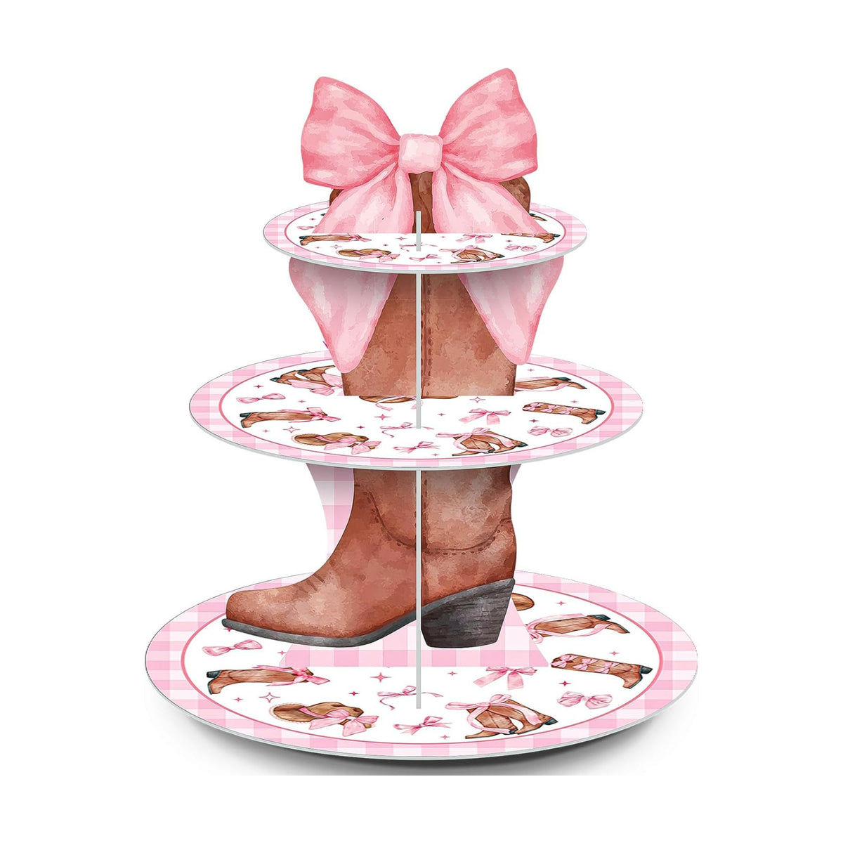 3 Tier Western Cowgirl Cupcake Stand Decoration Pink Bow Cupcake Tower Cowgirl Boots Hat Table Decoration Dessert Holder Table Display for Western Birthday Bachelorette Baby Shower Supplies