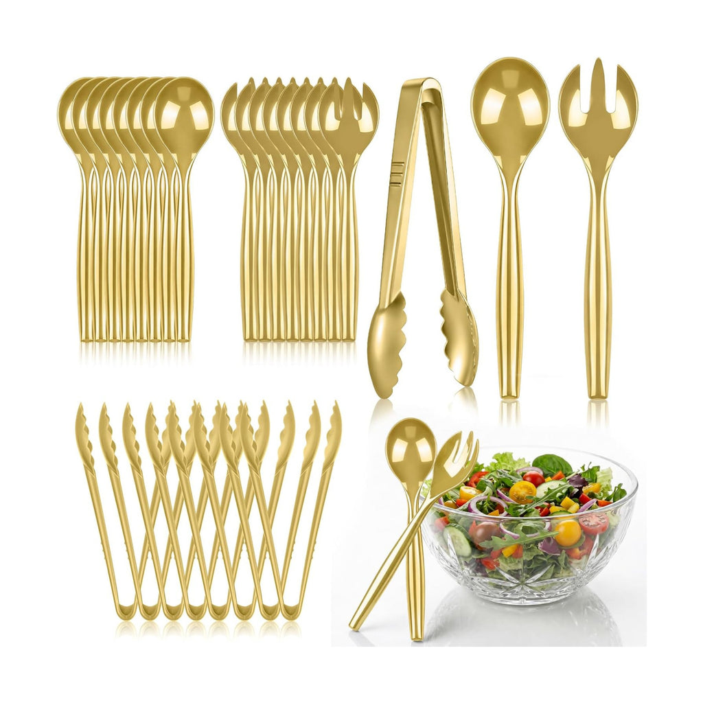 24 Pcs Disposable Gold Plastic Serving Utensils Set, Forks Spoons Tongs