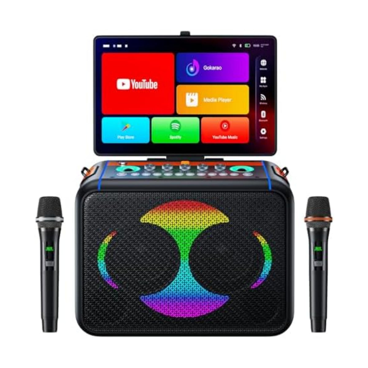 Smart Karaoke Machine with 14.0'' Touch Screen, Lyrics Display & Pre-Install Karaoke APP, Up to 600W Party Speaker and Dual Wireless Mics, Portable for Home & Outdoor