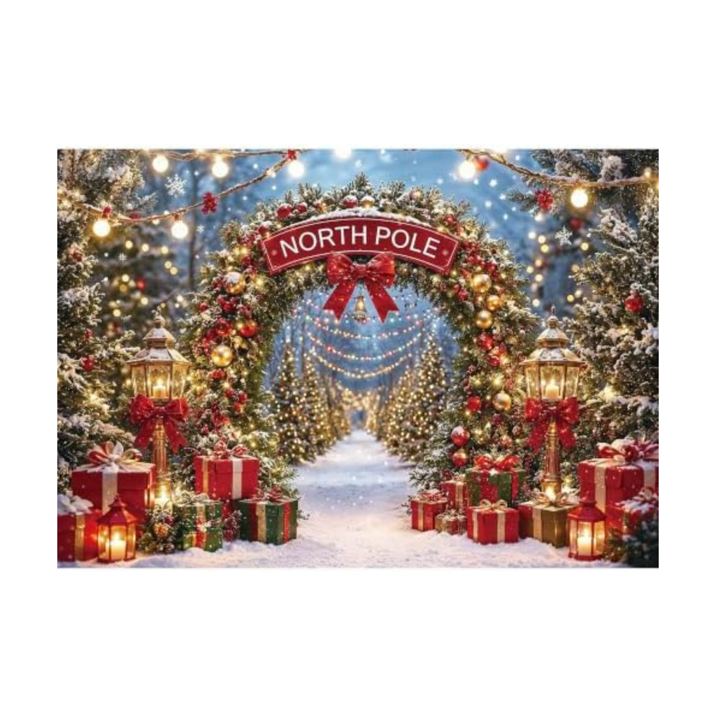Christmas North Pole Photography Backdrop,Winter Aurora Borealis Snowy Forest Scene Background with Street Lamps,Xmas Party Decor Photo Booth Props(7x5ft)